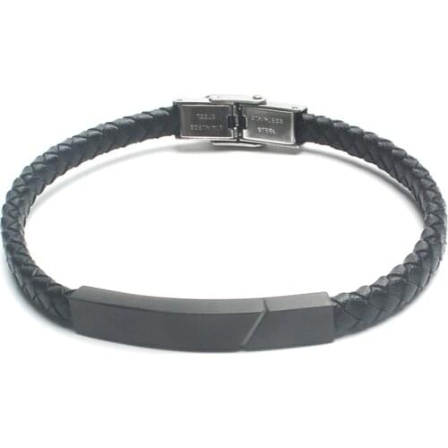 Runda Fashion MenS Braided Leather Bracelet With Black Square Brand Stainless Steel Jewelry For Boyfriend Gift
