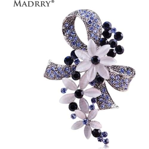 Madrry Pretty Elegant Antique Silver Color Flower Brooches with Opal Full Crystals Broches Scarf Pin Accessories Bouquet Wedding