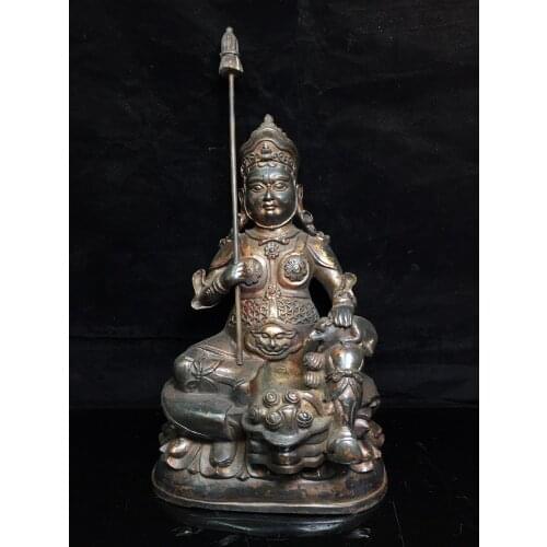Home Decor 13" Tibet Buddhism Old Bronze Cinnabars Huang Caishen Buddha Esoteric Guardian Hear more Enshrine the Buddha