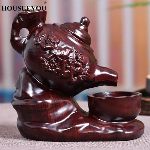 Ebony Wood Carved Ornaments Sculpture Teapot Blackflow Incense Burner Spice Furnace Censer Home Office Collection Decorations