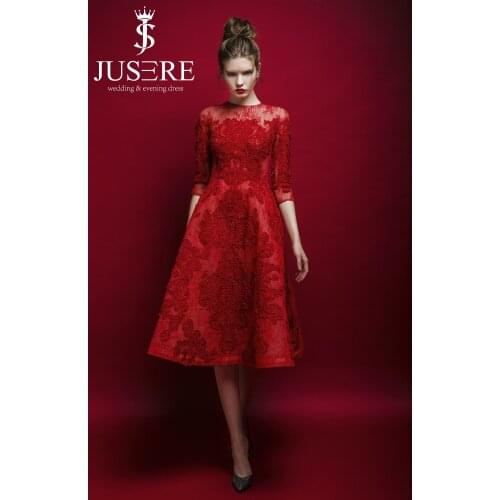 2018 Elegant Jusere A-Line Burgundy Customized O-Neck Three Quarter Appliqued Beaded Tea-Length Prom Dresses Evening Party Gown