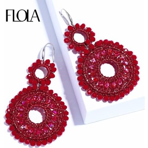 FLOLA Handmade Weaving Jewelry Red Earrings Drop Boho Earring with Crystal Beads Ethnic Oorbellen Woman Big Earrings ersm93