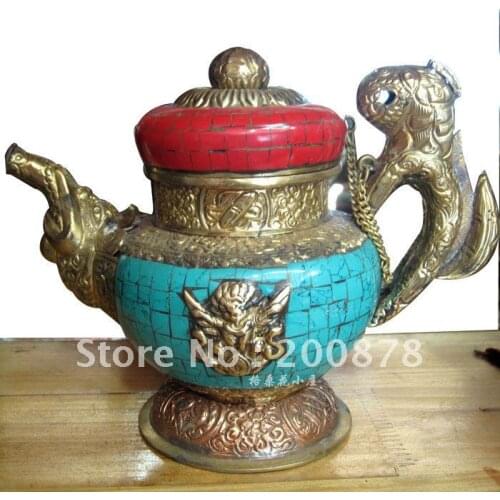 HDC0793 Nepal crafts Bar Resterant decor oranmanet,brass turquoise butter kettle Tibetan antiqued home decor handicrafts,18*22cm