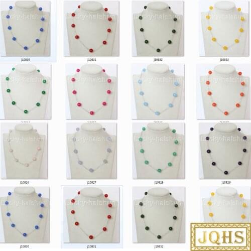 JQHS natural 12mm 925 silver Chain round Multicolor jades beads necklace 17" j10826-3