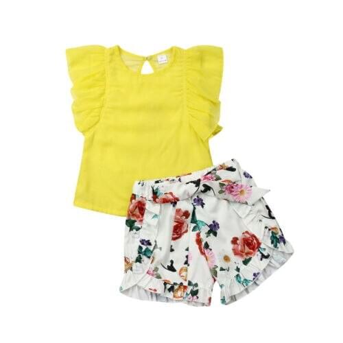 Summer Kids Baby Girl Outfit Clothes Petal Sleeve Chiffon Shirt Tops+Short Pants Sunsuit Kids Clothing Set