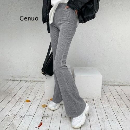 Solid Y2k Female Corduroy Flare Pants Women Casual Fall Winter Harajuku Long Stretch High Waist Trousers Sweatpants Capri