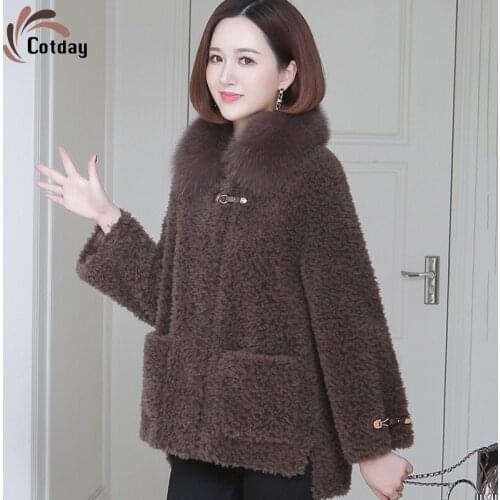 Cotday Lamb Fur Grain Sheep Casual Single Button Brown Coat Women Winter Warm 2021 Fashion Young With Fox Fur Collar Fur Coat