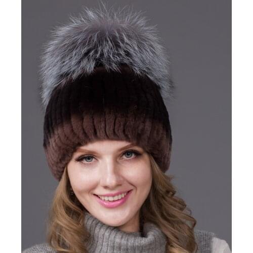 High Quality Rabbit Hair Coffee Fur Womens Warm Ear Protection Hat with Silver Fox Fur Woven Color Matching Knitted Cap Casual