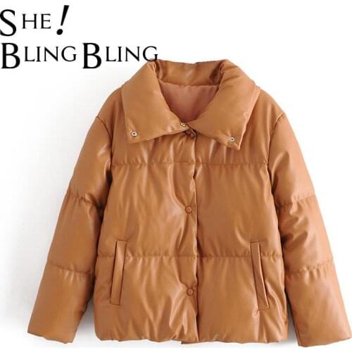 SheBlingBling Za Woman 2021 Traf Coats Winter Faux PU Leather Popper Cotton Padded Jacket Female Casual Loose Chic Puffer Parkas