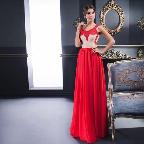 Red A-line Chiffon Asymmetrica Sweep/Brush Floor length Applique Sleeveless Open back Evening Dresses Draped Beads Fashion
