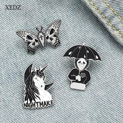 XEDZ Cartoon Black Fantasy Dream Butterfly Witch Enamel Brooch Fashion Horse Animal Coffin Umbrella Horror Halloween Badge Gifts