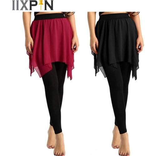 IIXPIN Womens Yoga Latin Dance Pantskirt Flowy Cropped Length Footless Leggings Skirt Asymmetric Adult Dance Performance Costume