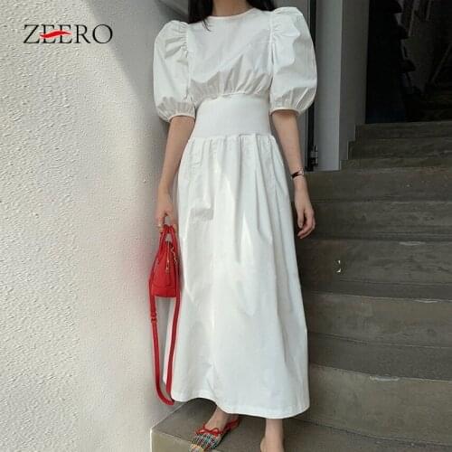 Korean Women Vintage Puff Sleeve O Neck Slim Maxi Dress Elagant Female Summer White Elastic Waist Long Party Dresses Vestidos