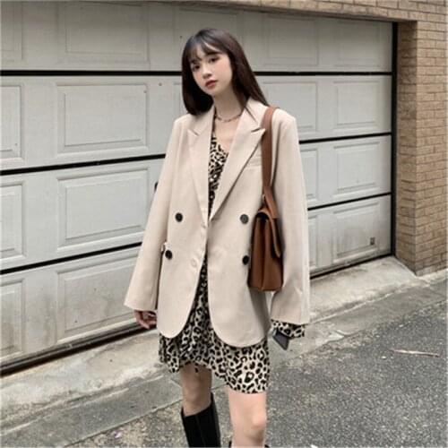 Casual Blazer for Women Autumn Winter Korean Notched Long Sleeve Oversized Outers + Vintage V-neck Leopard Drawstring Dress 2020