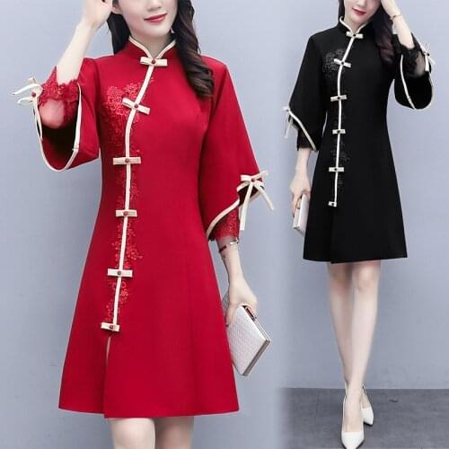 New Slim Improve Cheongsam Lace Stitching Dress Embroidered Net Yarn Solid Color Stand-up Collar Retro Button Womens Mini Dress