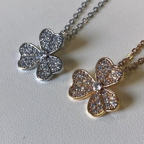 Copper Gold Chain Necklace for Women Heart Clover Pendant Korean Fashion Zircon Jewelry Choker Shipping Free