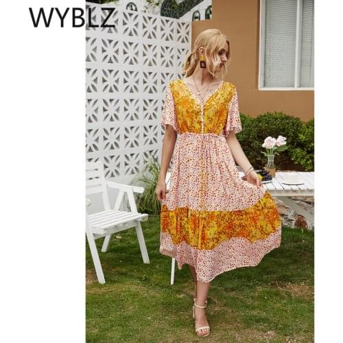 WYBLZ New Casual Womens Dresses Clothing Summer Short Sleeve Dress Print Floral Boho Beach Evening Party V-neck Big Swing Dress