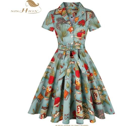 SISHION Short Sleeve Plus Size Swing Retro Rockabilly Vintage Dress SD0002 Green Floral Print A Line Cotton Women Summer Dress