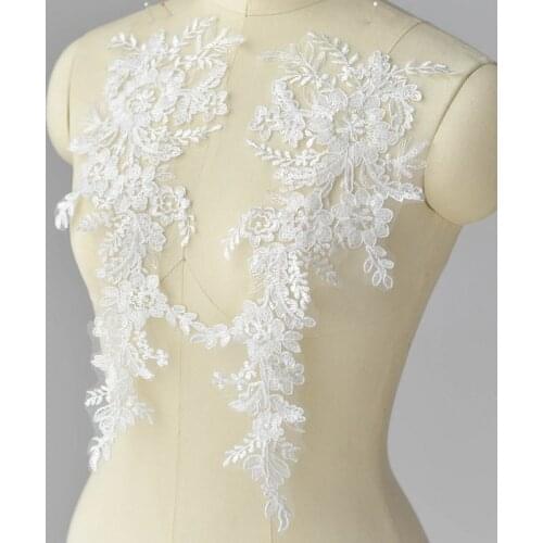 2Pairs Off white 37X 21cm Delicate Glitter Wedding Veil Head Ornaments Lace Applique Lace Trim Sequin Dress DIY Lace Accessorie