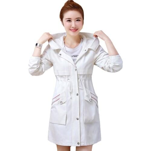 2020 Casual Medium length Trench Coats Hooded Womens Spring-Autumn Plus Size Zip Pocket Windbreaker Womens Coat