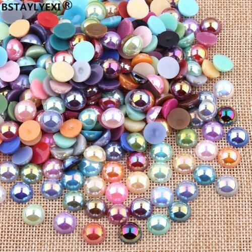 1000pcs Mix color AB Shiny Color 12mm Half Round Flatback Pearl Beads ABS Plastic Imitation Half Pearl Nail Arts Decoration
