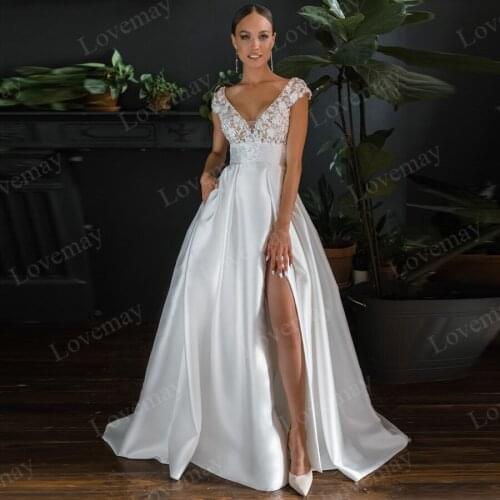 Satin Beach Wedding Dresses for Bride 2021 Bridal Dresses V Neck Appliques A Line Wedding Gown Robe De Mariee Open Back