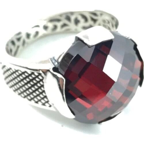 BIG CENTER ROUND RED Gemstone Muslim Tattoo Ring 925 SILVER CHIC PATTERNED Fathers Gift Fashion Men Jewelry Shipping