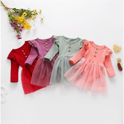 2021 0-24M Infant Girls Romper Dress Fashion Newborn Baby Girls Mesh Stitching Sweet Ruffles Long Sleeves Solid Costume Dress