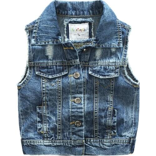 Boy Denim Vest Spring Autumn Hole Casual Girls Outerwear Kids Boy Waistcoat Kids Boy Clothes Baby Jeans Jacket for Boys 2-7Y