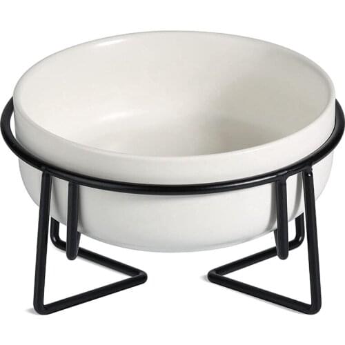 Ceramic Raised Cat Bowl with Metal Stand, Non-Slip Elevated Pet Feeder, Tilted Food and Water Feeding Bowl for Cat