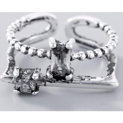 Kinitial Silver Color Open Rings Square Double Twist Rings for women Fashion Cubic Zircon Adjustable Finger Rings Jewelry