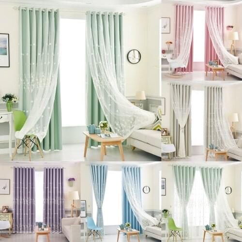 Korean Double Blackout Curtains with Embroidered Sheer 1 Piece Living Room Bedroom Window Decoration Elegant Darkening Drapes