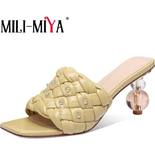 MILI-MIYA Attractive Summer Square Head Woven Casual Wear Slippers Open Toe Special Round Heel Sandals Women Wedding Party Shoes