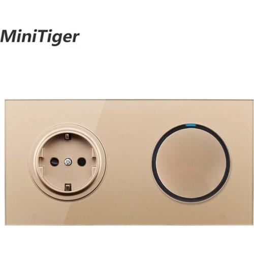 Minitiger White Crystal Glass Panel 16A EU Russia Standard Wall Power Socket 1 Gang 1 Way On / Off Light Switch LED Indicator