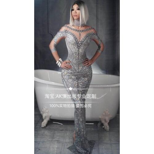 Sparkly Crystals Fashion Long Dress Evening Party Rhinestones Dresses Birthday DJ Singer Stage Costume Dress