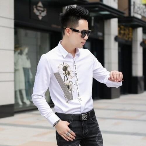 2021 mens personalized letter pattern French shirt trend handsome spring new shirt slim fit bottom