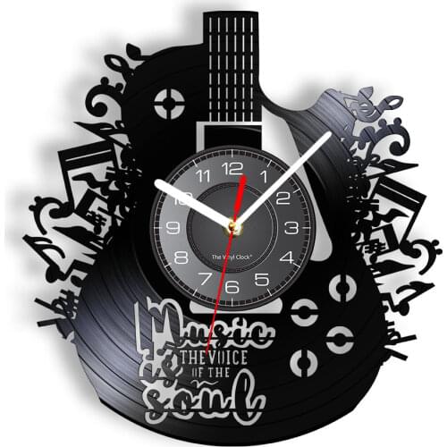 Music Is The Voice In The Soul Musical Quote Wall Clock Guitar Vinyl Record Wall Clock Music Meditations Decorative Clock Watch