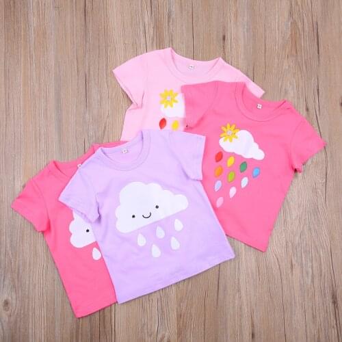 New Summer Baby Casual T-shirt Girls Cartoon Cloud Rain Pattern Short Sleeve Round Neck Pullover Top