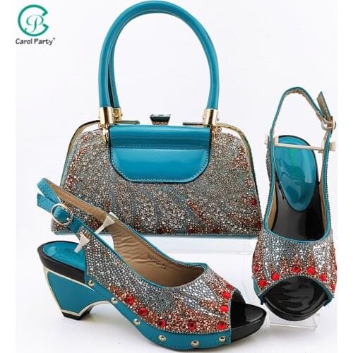 New Arrival Nigerian Fashion Style Italian Design Sky Blue Color Ladies Matching Shoes And Bag Set For Wedding Party
