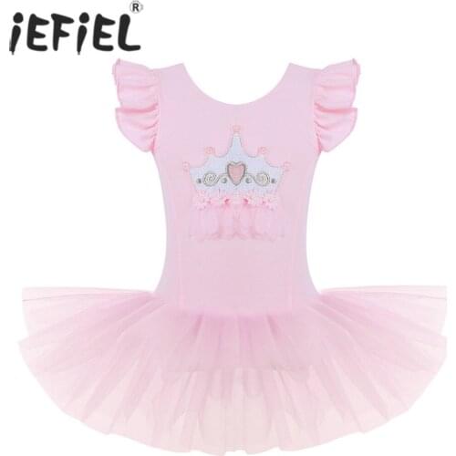 NEW Kids Girls Mesh Ruffled Sleeves Crown Applique Ballet Dance Class Dresses Ballerina Gymnastics Leotard Exercise Tutu Dress