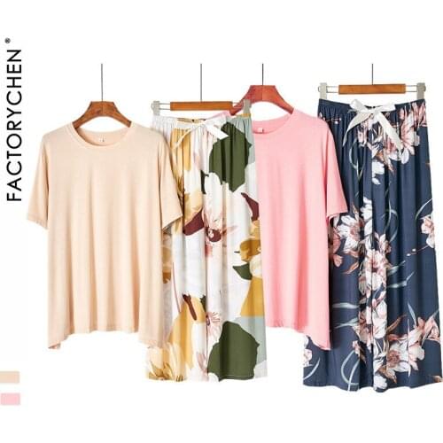 New Modal Pajamas Womens Simple Floral Graffiti Long-Sleeved Capri-Pants Pijamas for Women Round Neck Print Sleepwear 2 Piece