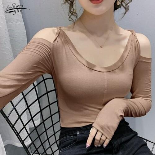 Autumn bottoming shirt Real shot clavicle open shoulder clothes European goods missed shoulder T shirt female long sleeve 15881