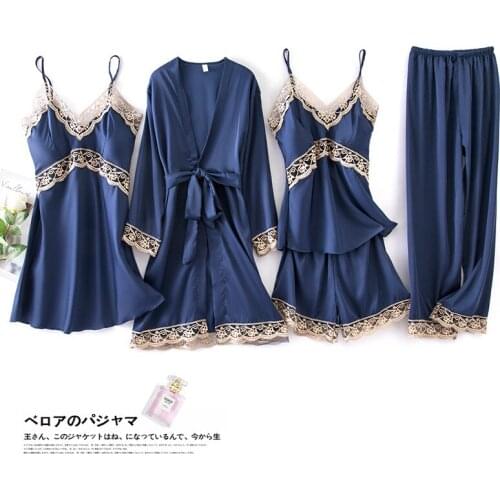 BeeHouse silk pajamas five-piece sling chest pad long-sleeved night gown silk outer wear home service robe sets pijamas women