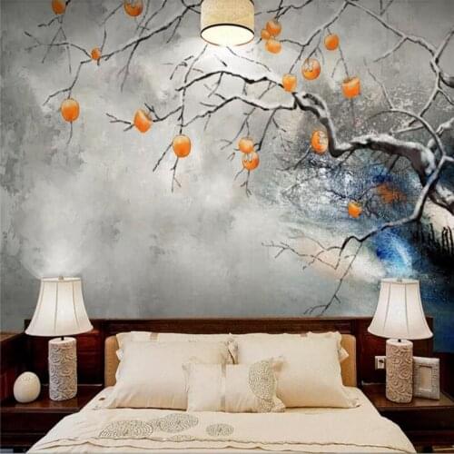 Custom wallpaper new Chinese style persimmon wishful hand-painted ink tree TV background wall - high-grade waterproof material