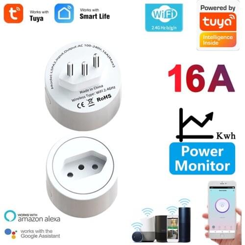 Brazil Standard Tuya Smart Socket WIFi Smart Plug With Energy Monitoring,Wireless Remote Control,Voice Work With Alexa,16A
