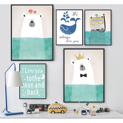 Modern Nordic Kawaii Bear Hippo Bird Animal A4 Art Prints Poster Cartoon Wall Pictures Canvas Painting No Framed Kids Room Decor