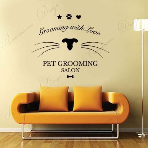 Grooming With Love Pet Shop Sign Pet Salon Wall Sticker Vinyl Interior Decoration Wall Decals Cat Dog Removable Wallpaper 4290