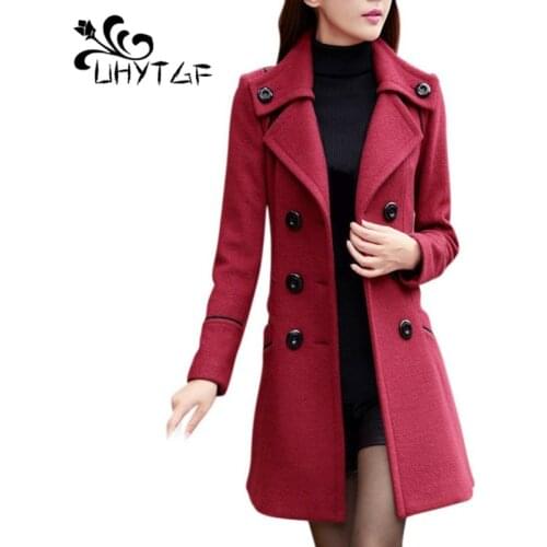 UHYTGF 3XL Women Basic Outerwear Fashion Double-Breasted Winter Woolen Coat Belt Slim Warm Overcoat Jacket Casacos Feminino X3