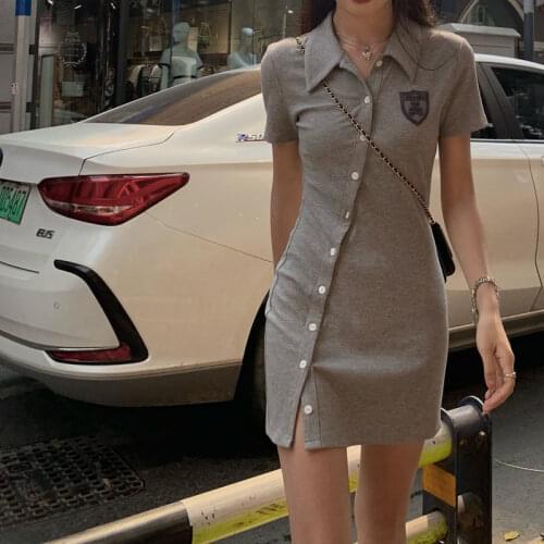 Retro Han Feng Age-reducing vintage Sweetheart Spice Girl Joker Oblique polo Collar Short Sleeve Dress