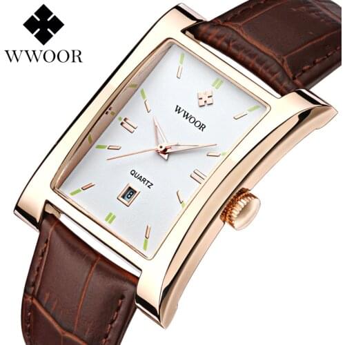WWOOR Luxury Brand Men Quartz Watch Rectangular Mens Wristwatch Genuine Leather Straps Calendar Clock Male relogio masculino #a